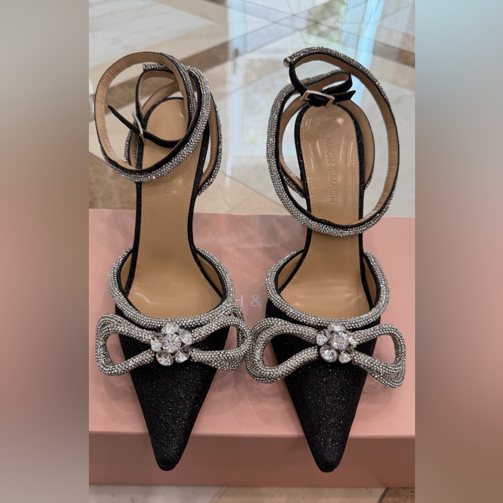 MACH & MACH Double Bow Black Glitter Heels with Crystal Bow; Size 37.5
